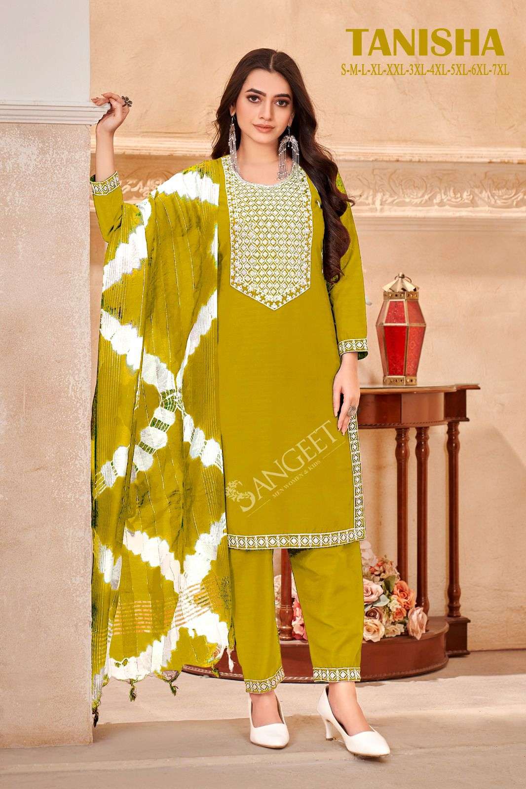TANISHA VISCOSE RAYON WHITE EMBROIDERY SEQUENCE WORK KURTI WITH PANT AND CORONA SHADED DUPATTA BY SANGEET BRAND 1006